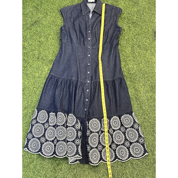 Solitaire Maxi Dress Large Blue Denim White Eyelet Trim‎ Belted Feminine - Picture 8 of 14